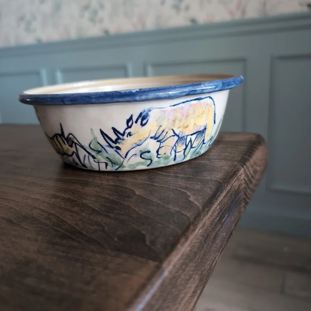 Hand Painted African Safari Pottery Bowl Zebra Elephant Antelope Blue Rim Tribal